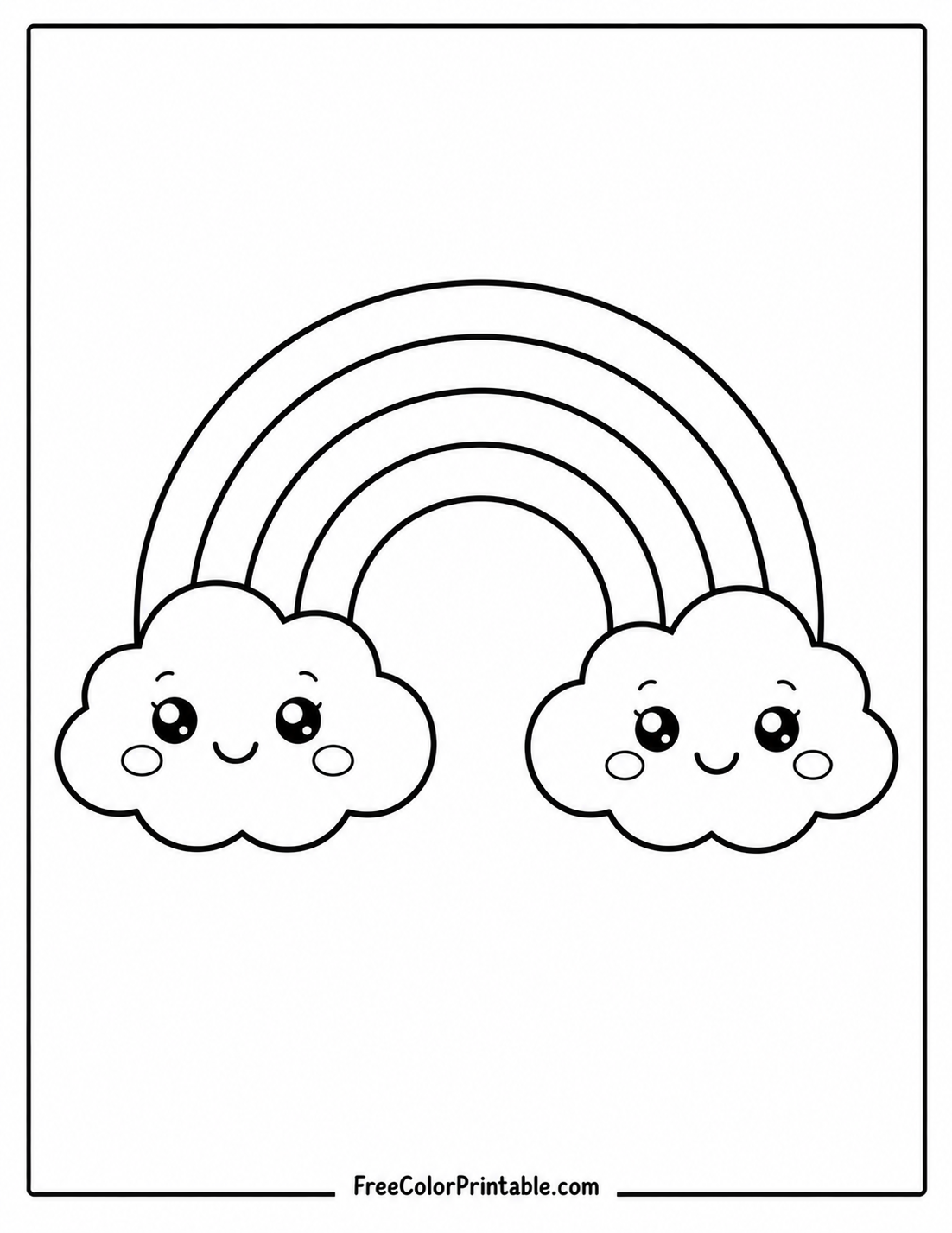 Kawaii rainbow with smiling clouds Coloring Page — Free Printable — free printable coloring page